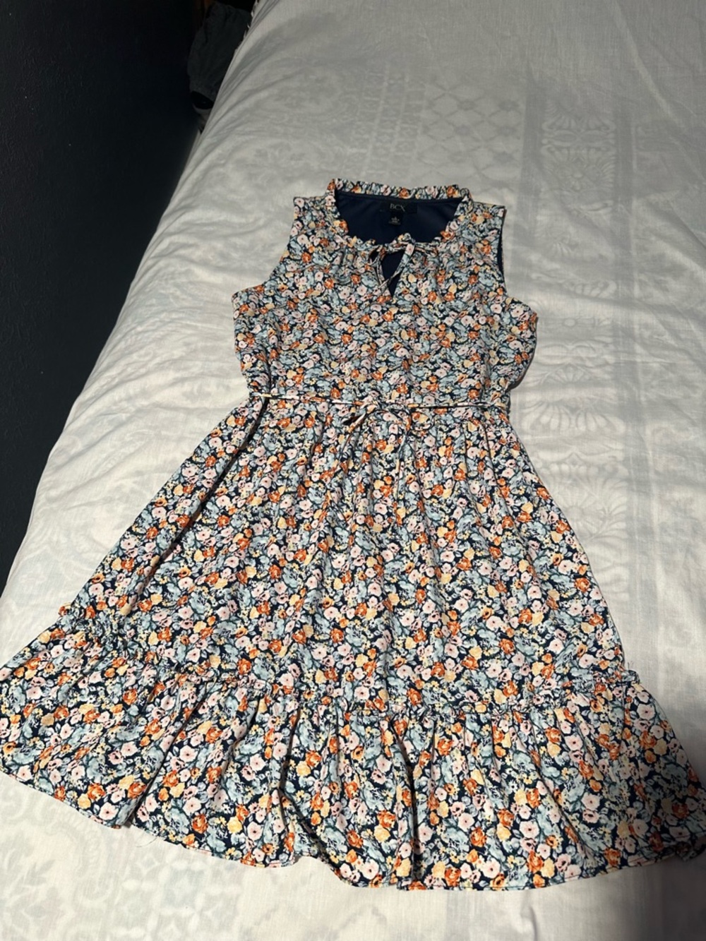 BCX Navy Floral Midi Dress with Orange & White Flowers